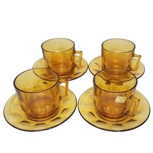 Arcoroc France 8pc‎ Amber Thumbprint Teacups And Saucers 6-7oz Set of 4